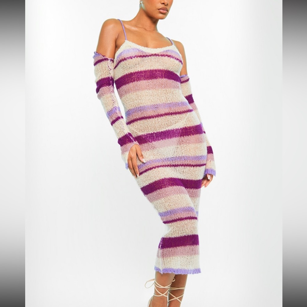 Lilac Stripe Open Knit Maxi Dress & Sleeves